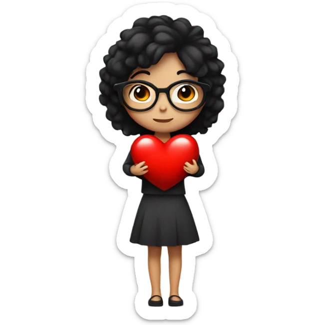 girl with black hair and glasses hugging a red heart  sticker