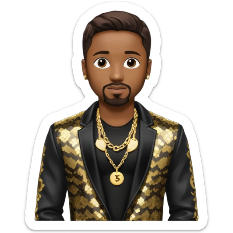 Teddy Riley with dark brown hair, black sequin jacket, shirtless with necklace  sticker