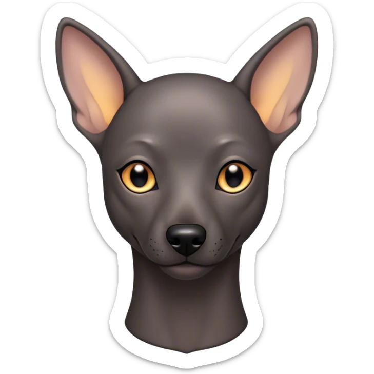 Cinematic Noble Xoloitzcuintle dog Portrait Emoji, Poised and regal, with a sleek, muscular build and smooth, hairless ebony skin accented by subtle wrinkles, deep-set soulful dark eyes, Simplified yet sharp and sophisticated features, highly detailed, glowing with a soft, dignified glow, high shine, intelligent and loyal, stylized with an air of ancient grace, focused and attentive, soft glowing outline, capturing the essence of a watchful and confident guardian, so majestic it feels as though it could stride out of the screen with effortless authority! sticker