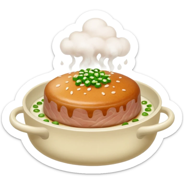 Emoji of a Chinese steamed pork patty in a small dish, topped with chopped scallions and steam rising, soft texture, minimal style. sticker