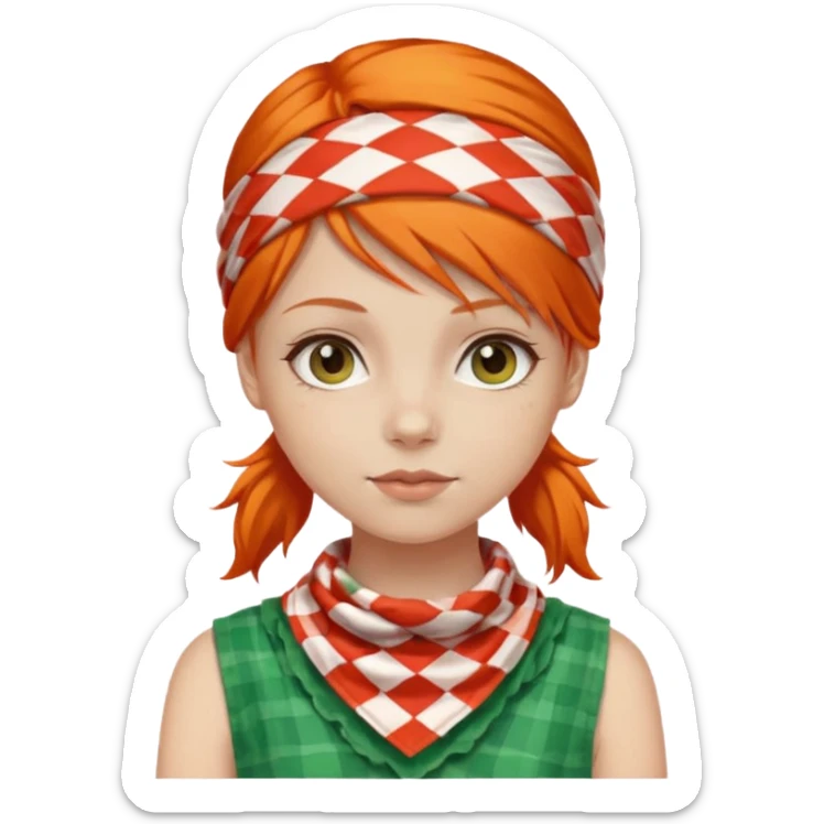 girl orange hair, wear red and white checkered bandana, green dress sticker