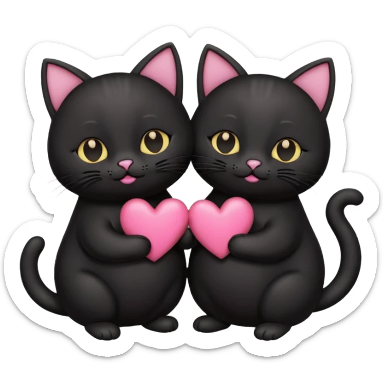 two fat cute black cats love, pink heart, closed mouth, black ears sticker