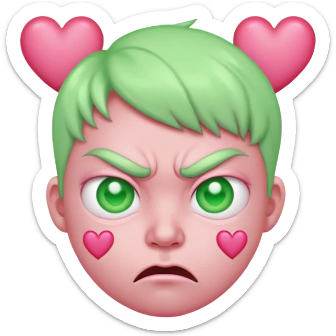 Pink skin, round, heart eyes but looks angry with 3 light green heart above his head sticker