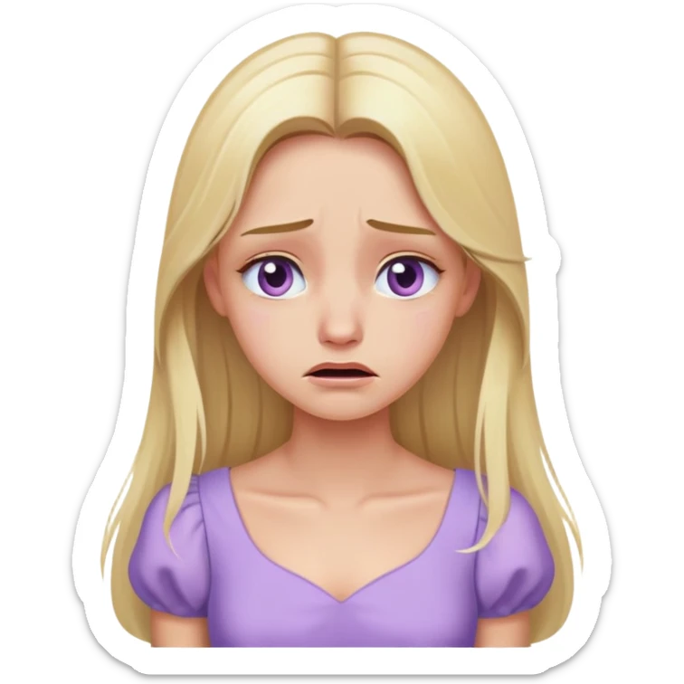 crying face blonde model, hazel eyes, sleek long hair, pastel purple dress sticker