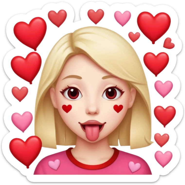 A cross eyed person with their tongue out far with Valentine’s Day decor/hearts around sticker
