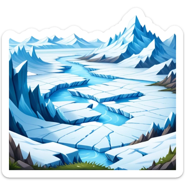 Cinematic Realistic Tundra with Glaciers Emoji in a wooden frame, Vast and frozen, with endless expanses of snow-covered ground interrupted by massive glaciers creeping across the landscape. Jagged ice formations rise in the distance, their icy blue tones contrasting with the pale, frosty sky above. Sparse grasses and hardy shrubs cling to the frozen earth, fighting against the relentless cold. The light reflects off the snow and glaciers, casting a soft glow across the desolate yet majestic terrain. Soft glowing outline, capturing the essence of a serene, stark wilderness where glaciers dominate and life endures in the harshest conditions. sticker