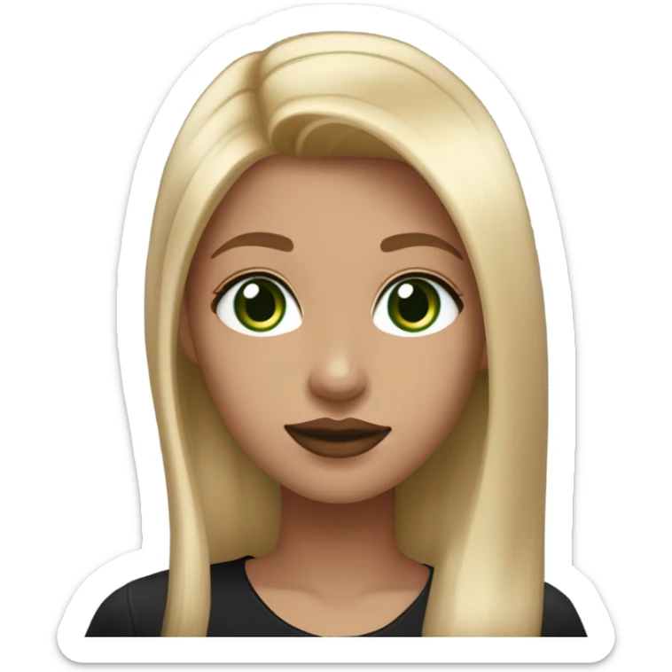 Long straight blonde haired girl, wearing black satin shirt, light tan glowy skin, green eyes and rosy cheeks with light mauve lipstick sticker