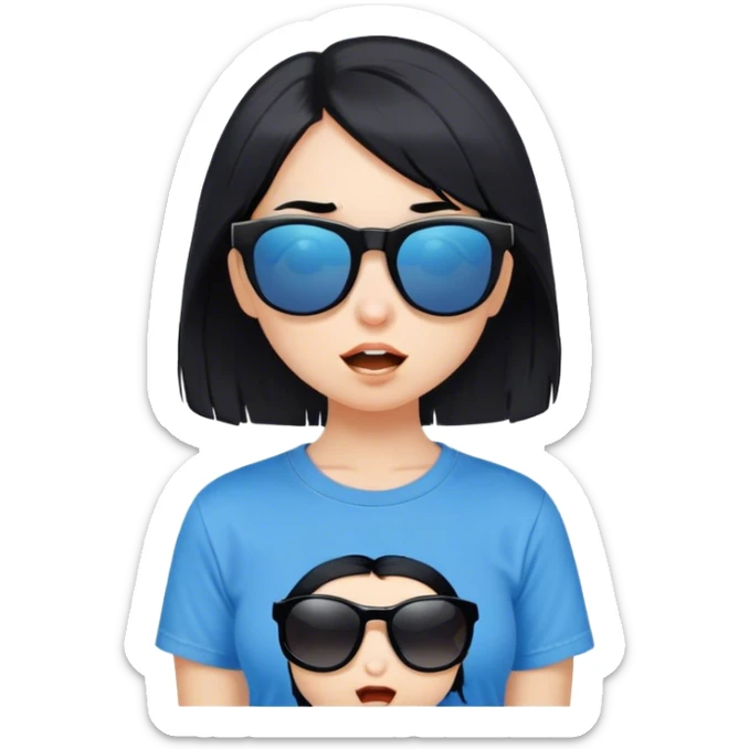 A girl with black bob hair with pony, wearing black sunglasses，one funny(0.5) face (0.5)，wacky expression, a blue t-shirt. lovely. cute sticker