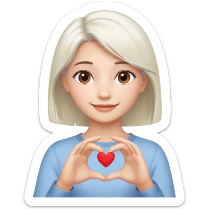 Beautiful girl. Platinum-colored hair just below the shoulders, straight, brown eyes, sweet smile. Hands in the shape of a heart.  sticker