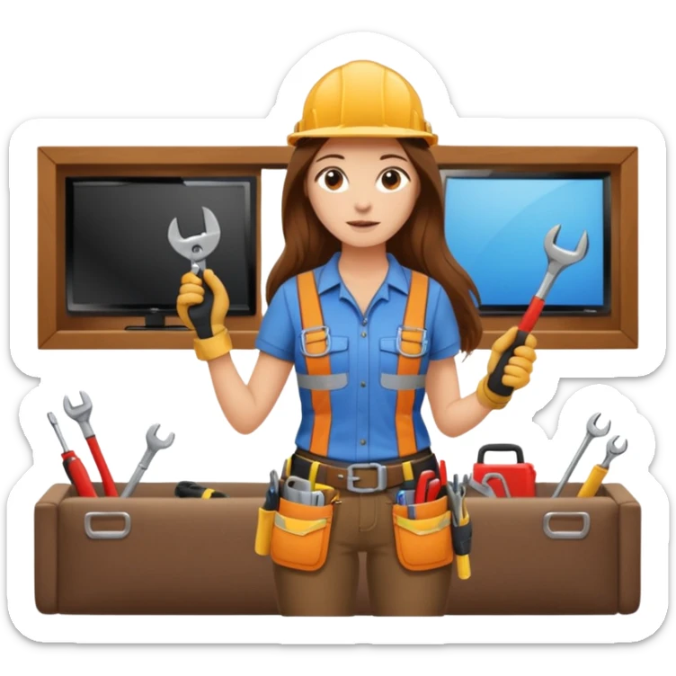 beautiful girl with long brown hair constructing new lounge room area with flat screen tv and couch sticker
