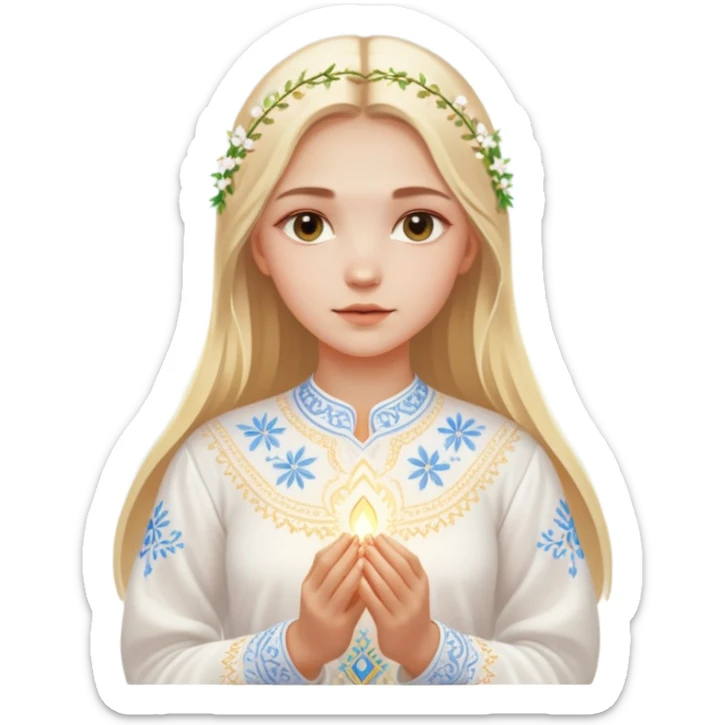 Young Ukrainian girl with blonde hair wearing a traditional white embroidered shirt (vyshyvanka) gently holding a glowing ethereal light representing the soul in her hands sticker