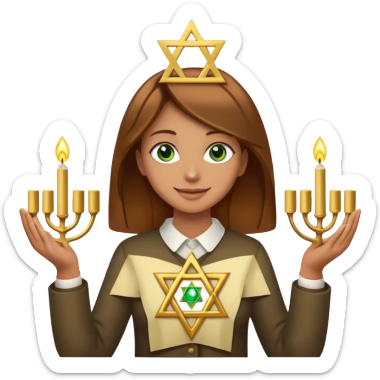 White but tan person with lightish brown hair girl has green eyes and holding the Star of David and a menorah looking at it smiliing sticker