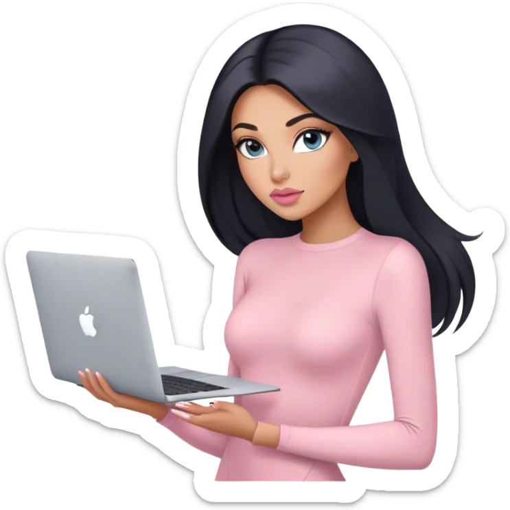 Glamours, tanned, very beautiful girl, with big pump peach-beige-rose lips, long lashes, black straight smooth silky long hair, straight parting hair, blue-grey eyes, in light-pink bodysuit holding MacBook sticker