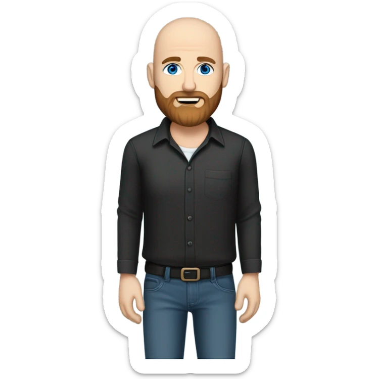 Bald, Caucasian, sky-blue-eyed, Psychotherapist in a modern colorful chair. He has a brown full beard and he’s Wearing a black dress shirt with a subtle pattern, blue jeans and black Chelsea boots with his legs separted leaning forward grey in goatee sticker