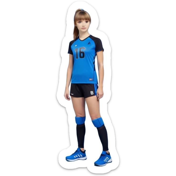 Una chica que le encanta bailar y también jugar al Voleiball la chica tiene flequillo y el pelo liso el color de pelo es un castanyo tirando a rubio la chica es delgada y lleva una rodilleras unos pantalones negros cortos ,unas zapatillas de deporte de color azul y una camiseta que es de color azul y negro en la camiseta por delante lleva el numero 16 y por detras también lleva el numero 16 pero arriba del numero su nombre que es Martinaen la mano derecha lleva una palota de voleiball y en la otra unas zapatillas de balet por su cara seva que no sabe que elegir pero por su ropa se ve que se queda con el voleiball en el pelo lleva una coleta alta con el pelo muy largo y liso sticker