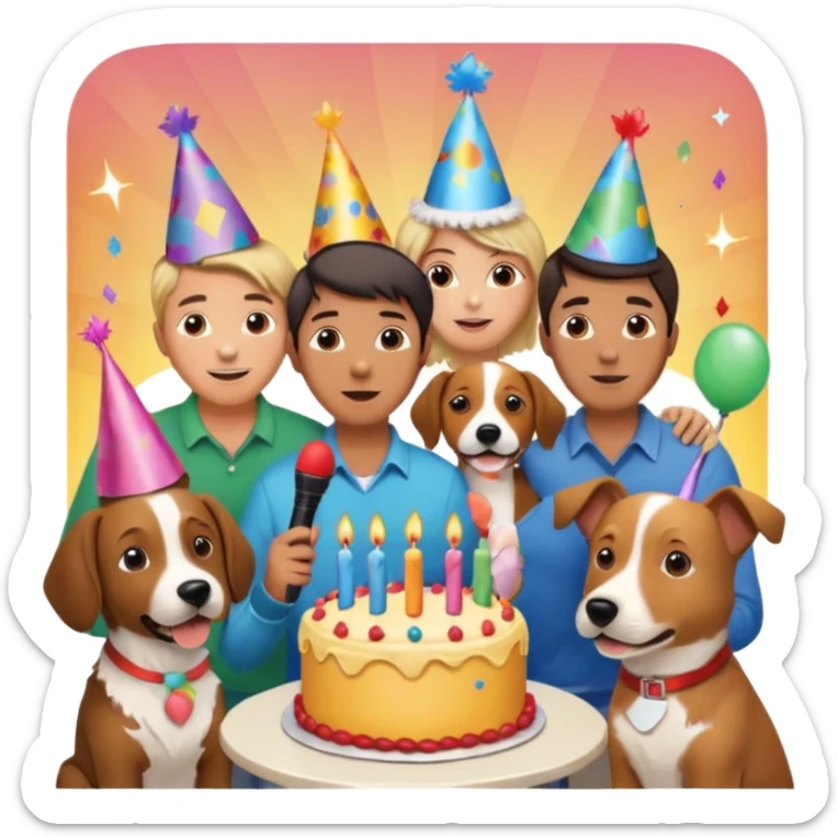 celebration birthday with a dog and watching sunset with many peoples with a birthday cake and mike a wish man peoples at home sticker