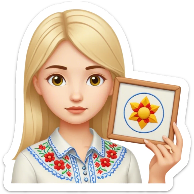 A Ukrainian girl in an embroidered shirt holds a diagram sticker