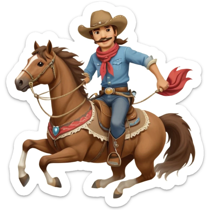clash-of-clans-aesthetic_-cinematic-playful-cowboy-portrait-emoji, head-tilted with a roguish, cheeky grin and twinkling eyes, featuring a rugged, spirited build with a wide-brimmed cowboy hat and a weathered bandana on tan skin, brown hair and a moustache , riding a powerful galloping horse with dynamic flowing mane, reins gripped firmly in one hand and a lasso in the other, as dust swirls behind them in a vast desert landscape. sticker