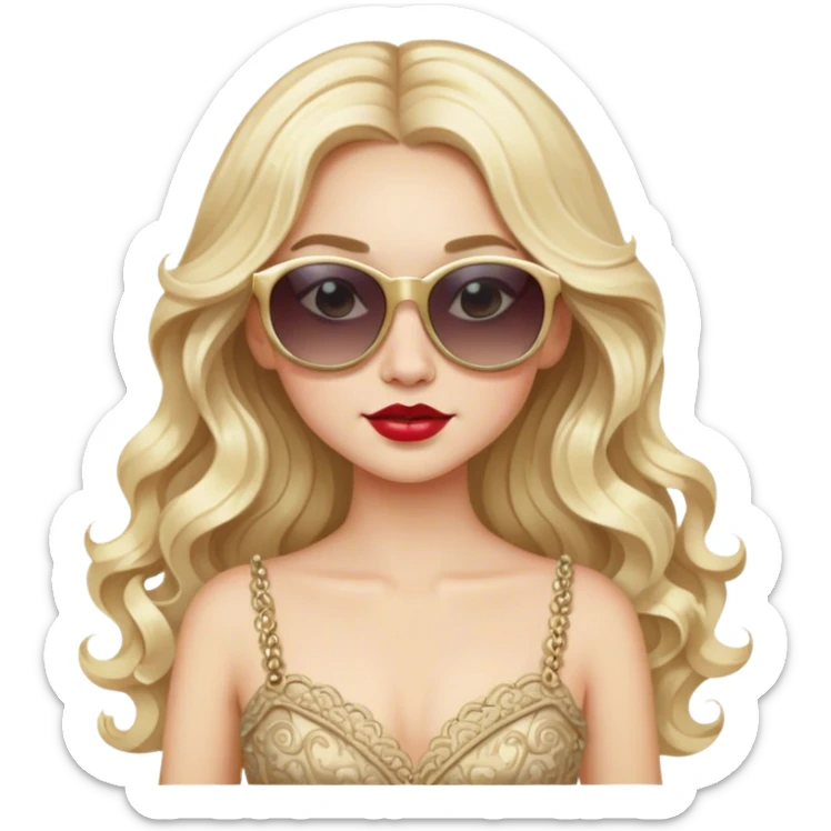 a pale blonde girl with elaborate makeup and dress, long wavy hair, wearing sunglasses, confident sticker