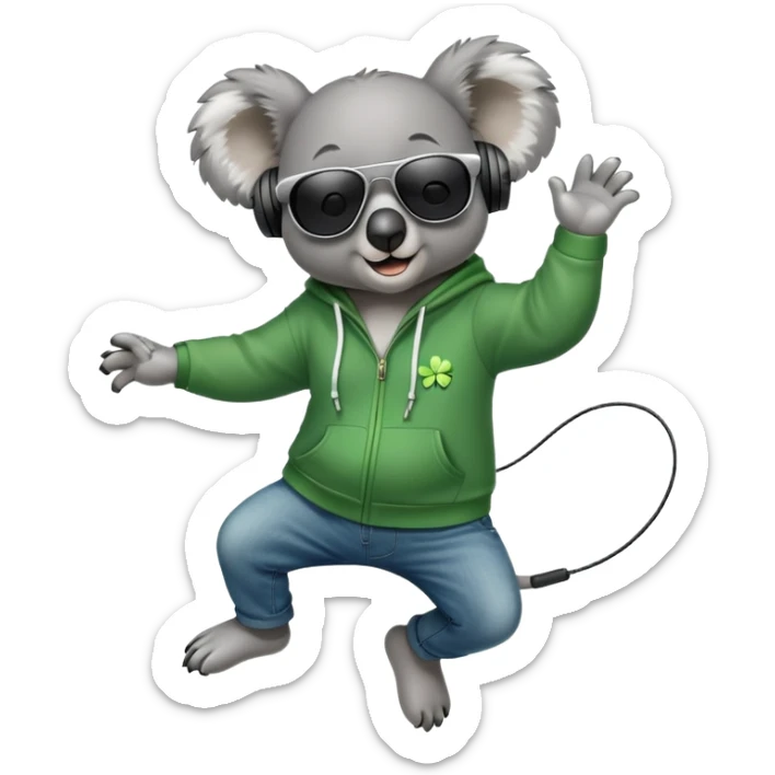 anthropomorphised koala, full body, wearing a hoodie and jeans, dark sunglasses, headphones, dressed for St. Patrick's Day, jumping sticker