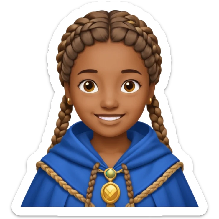 brown skin girl with braided hair, wearing blue cloak, smile sticker