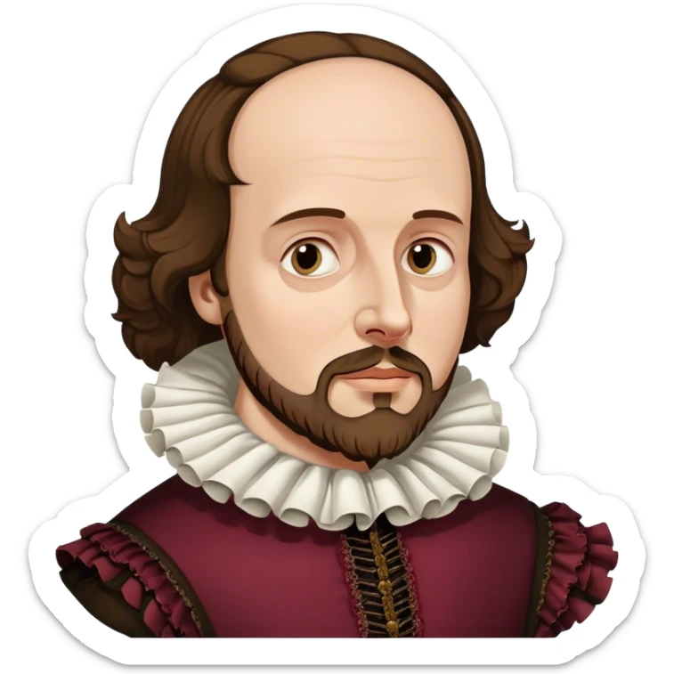 Cinematic Realistic portrait of William Shakespeare, depicted as an iconic playwright in richly detailed Elizabethan attire with a ruffled collar, expressive eyes, and a thoughtful gaze, bathed in dramatic historical lighting that evokes the Bard’s timeless legacy sticker