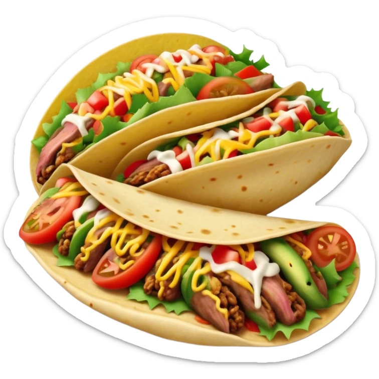 Cinematic vibrant tacos, warm soft shells filled with flavorful meats, fresh vegetables, cheese, and zesty salsa, colorful and lively, ultra-detailed and appetizing. sticker