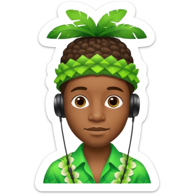 Create me an emoji of a cool Young Nigerian prince wearing a neon green gradient African patterns with  a "hula hat" (a Nigerian-inspired hat) and wearing earpods. sticker
