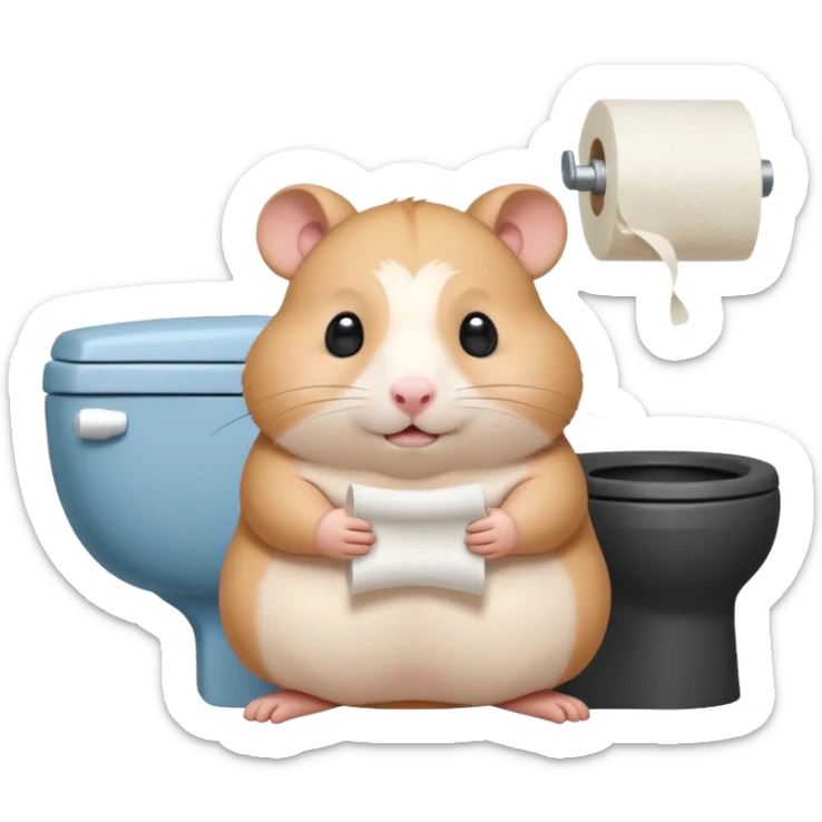 Cute chubby cartoon-style hamster sitting on toilet holding toilet paper looking as if he had an accident, sticker-style illustration sticker