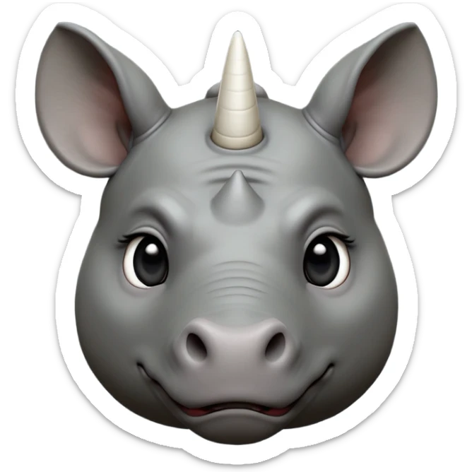 cinematic-noble-cute-rhinoceros-portrait-emoji,slate-grey-hide-poised-and-regal,-with-a-massive,-powerful-build-and-a-thick,--deep-set-soulful-piercing-eyes,-simplified-yet-sharp-and-sophisticated-features,-highly-detailed,-large-black-eyes, white horn, front facing, zoomed out showing shoulders sticker