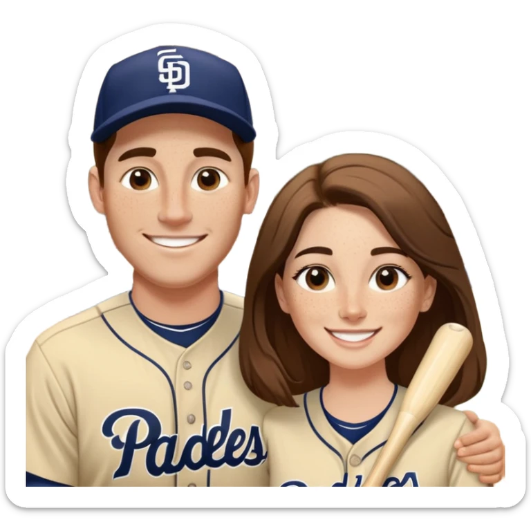 *White* couple smiling. Woman has big cheeks and a lot of freckles on the nose. long brown hair. Man has black and very short hair and prominent eyebrows with egipcian nose. Both are wearing “Los Padres” baseball jerseys and with a sign that says “Go Padres!” sticker