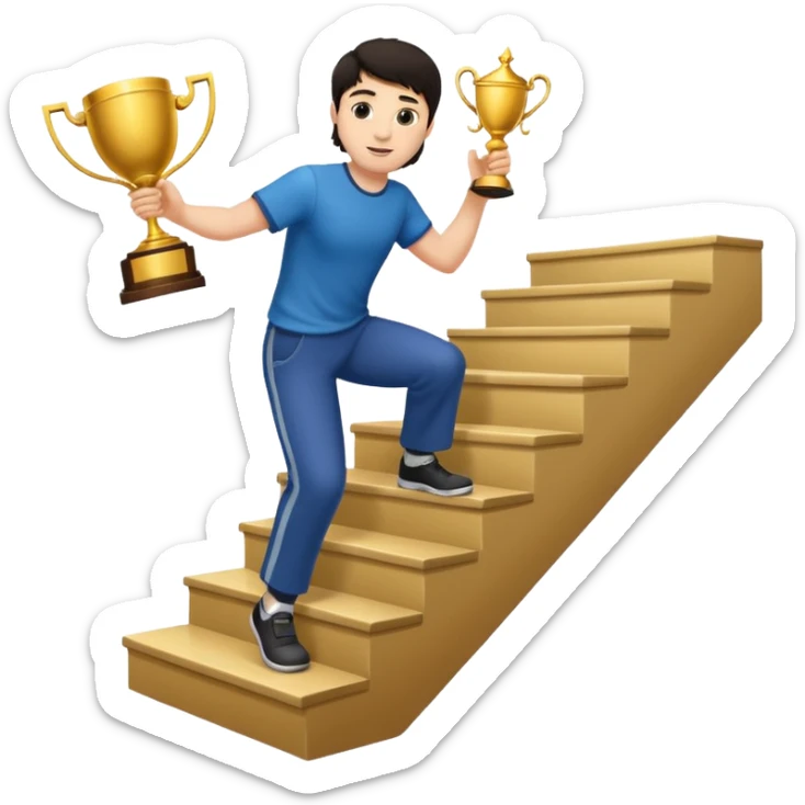 A man with fair skin and dark hair is climbing stairs to grab a trophy on the top step. sticker