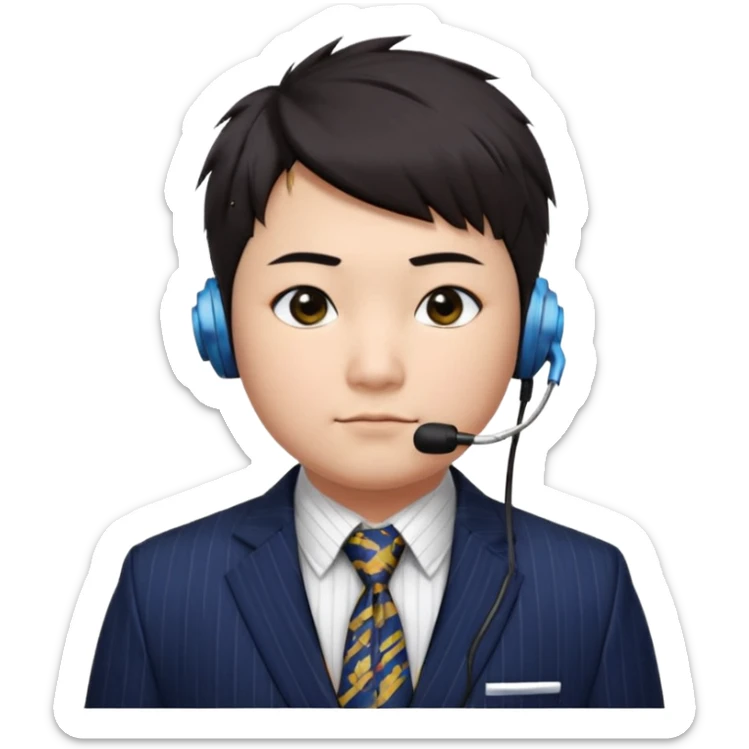 full kind of chubby face, very asian, short dark hair styled upward with a spiked swoop in front, a clean-shaven face, focused eyes, and a slim headset over one ear, wearing a dark pinstripe suit with a patterned dress shirt and a bright solid-colored tie visible from the chest up. sticker