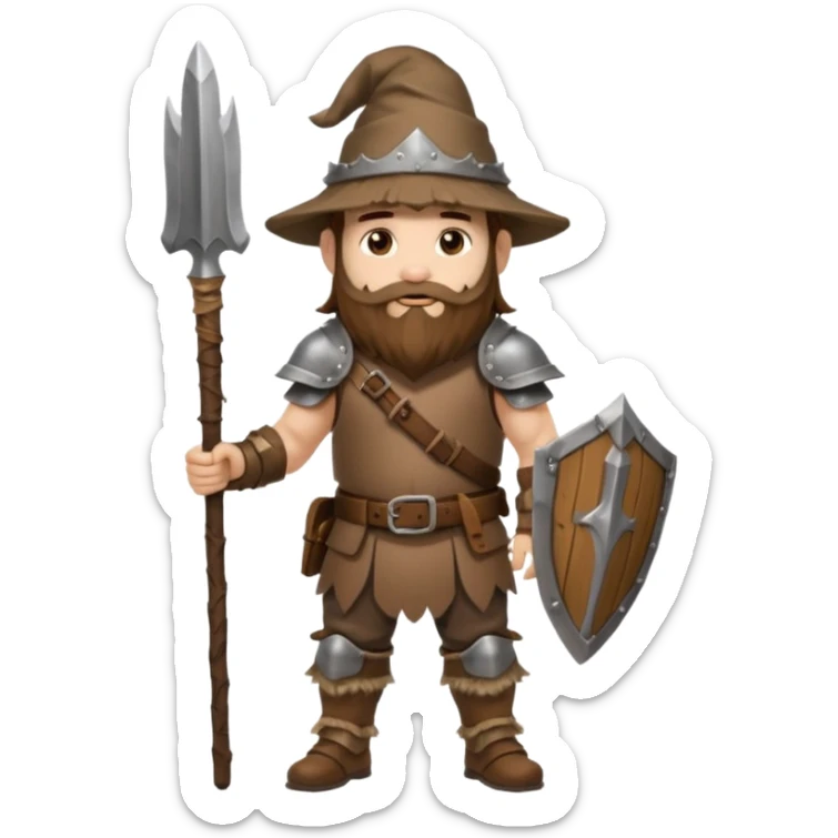 full body man long brown hair brown eyes medium beard white skin wearing boar hat and bark armor sticker