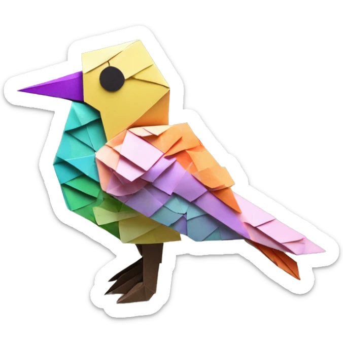 Origami pixel Minecraft bird made of patterned paper flowers newspaper cuttings roses flowers tropical sticker