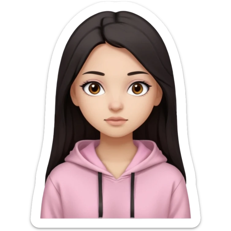 A pretty girl with light skin and long straight black brown hair, wearing a very light pink basic hoodie with brown eyes and makeup and a round face sticker