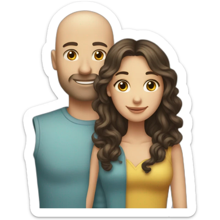 caucasian bald man and a caucasian woman with long curly dark hair and bangs hugging sticker
