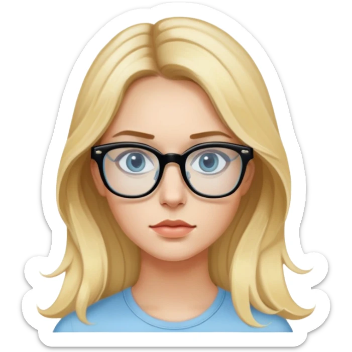 Nữ 25 tuổi, da trắng, tóc dài hơi xoăn nhẹ màu vàng, gọng kính màu đen, mắt kính màu xanh dương nhẹ, trong suốt nhìn thấy mắt, mặt nghiêm túc sticker