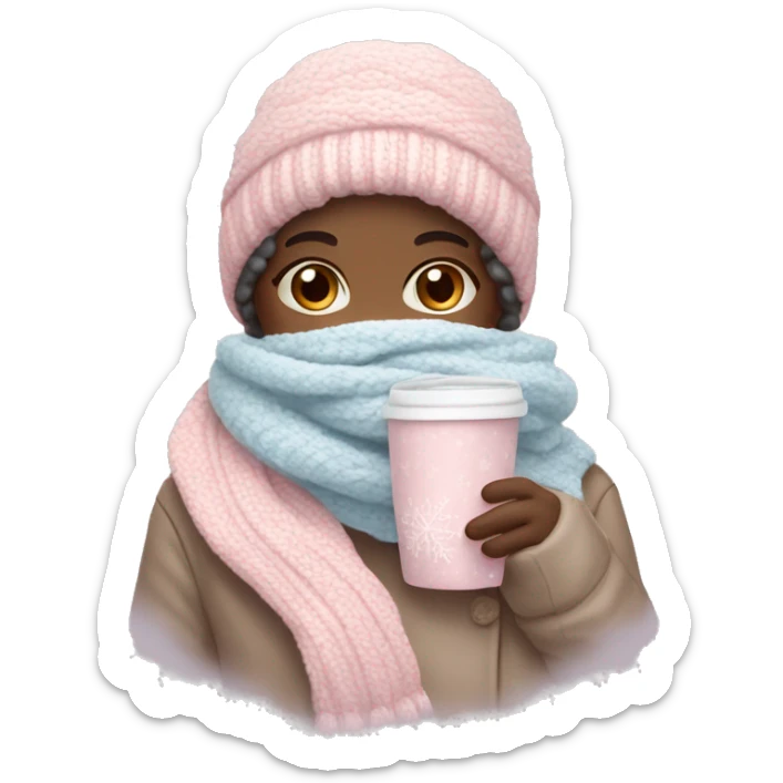 Create a cozy, feminine winter-themed emoji with pastel colors like pink and light blue. Include elements like a hot chocolate cup, scarf, sweater, and snowflakes, giving a warm, inviting winter vibe. sticker