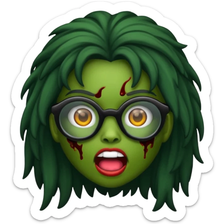 crie um emoji de zumbi feminino, com pele verde, óculos preto e cabelos pretos longos sticker