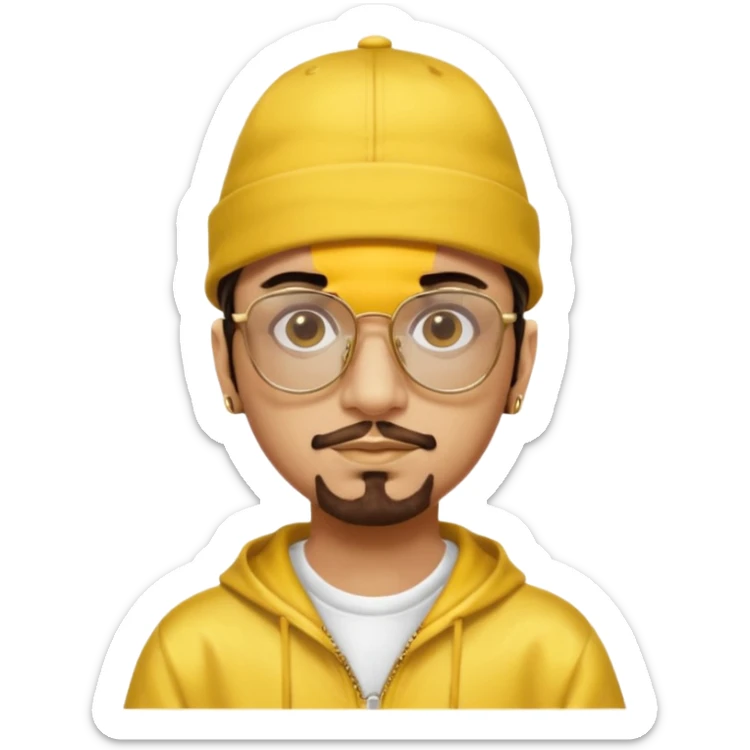 Ali G from Ali G Indahouse with brown eyes, dark brown hair, gold outfit, yellow glasses and hat sticker