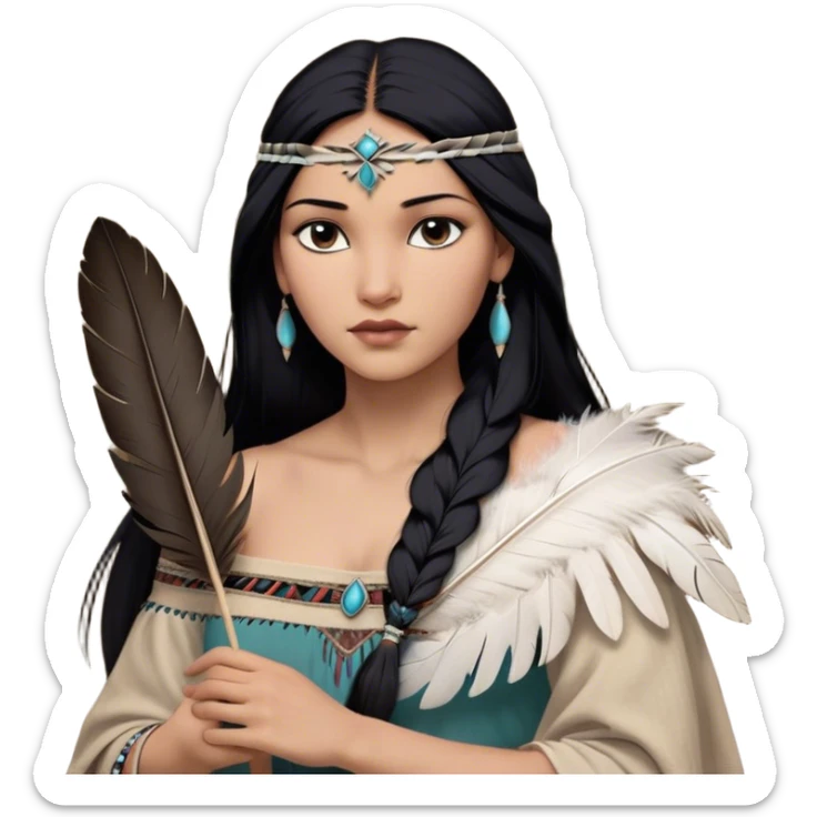 Cinematic Realistic Pocahontas Portrait, depicted with lifelike skin texture, soft natural lighting, and intricately detailed long, flowing raven-black hair that moves gracefully in the wind. Her deep, soulful dark brown eyes exude wisdom and strength, complemented by a serene yet powerful expression. She is shown gently holding a feather in one hand, her other hand resting lightly at her side, embodying the harmonious balance between nature and herself. She is dressed in her classic one-shoulder native American dress, with rich fabric textures and delicate beaded details that catch the light beautifully. The portrait features a soft, sun-kissed glow with a natural, radiant finish, capturing the essence of untamed beauty and deep connection to nature in a realistic and painterly style, evoking a sense of depth and authenticity. sticker