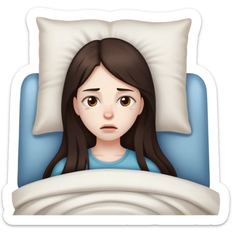 girl with long dark brown hair and pale skin sick and tired and hungover sticker