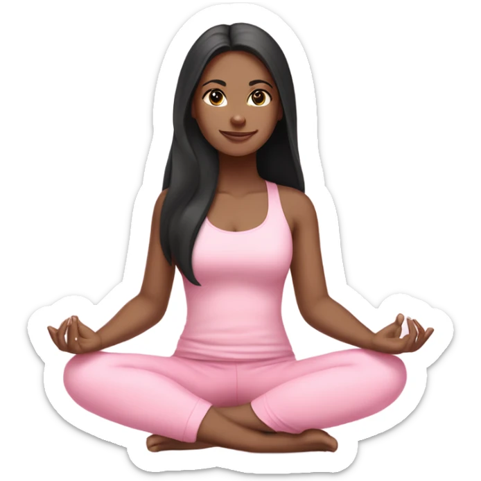 Brunette long black hair yoga beautiful girl in light pink pink pink clothes sitting on a yoga mat sticker