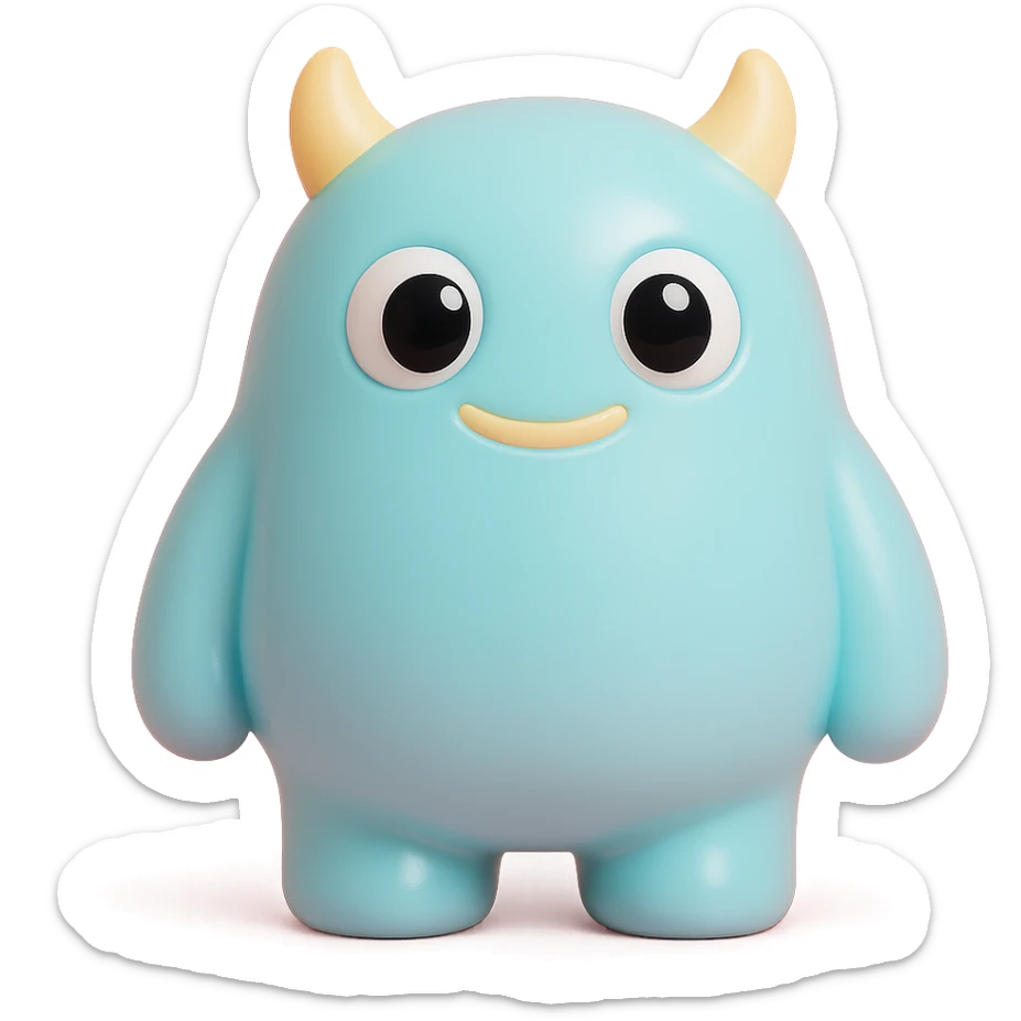 cute monster with round body, big eyes, small horns, pastel colors, toy-like sticker