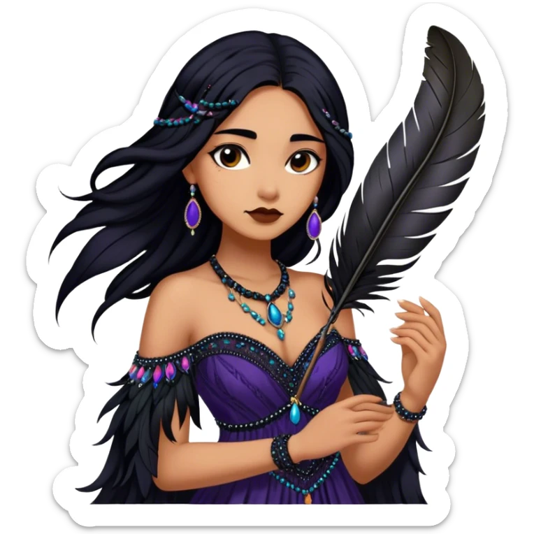 Cinematic Realistic Pocahontas Portrait, depicted with lifelike skin texture, soft natural lighting, and intricately detailed long, flowing raven-black hair that moves gracefully in the wind. Her deep, soulful dark brown eyes exude wisdom and strength, complemented by a serene yet powerful expression. She is shown gently holding a feather in one hand, her other hand resting lightly at her side, embodying the harmonious balance between nature and herself. She is dressed in her classic one-shoulder native American dress, with rich fabric textures and delicate beaded details that catch the light beautifully. The portrait features a soft, sun-kissed glow with a natural, radiant finish, capturing the essence of untamed beauty and deep connection to nature in a realistic and painterly style, evoking a sense of depth and authenticity. sticker