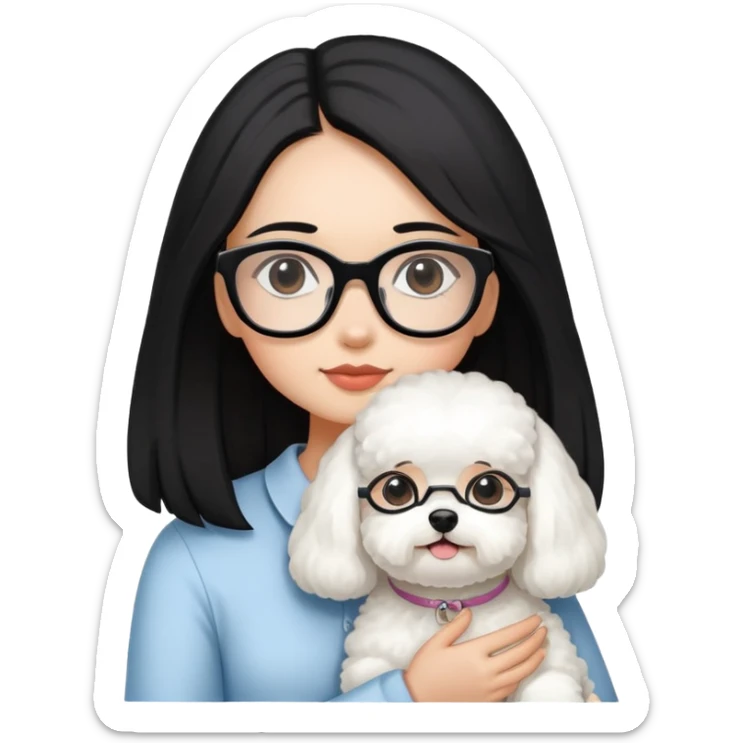 Girl with long black hair and glasses holding a white Bichon Frise dog sticker