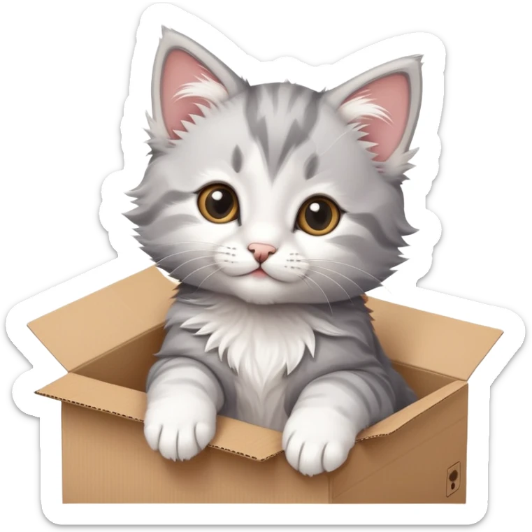 A  A very cute young kitten cat poked its paws out of the cardboard box and placed them on top of it sticker