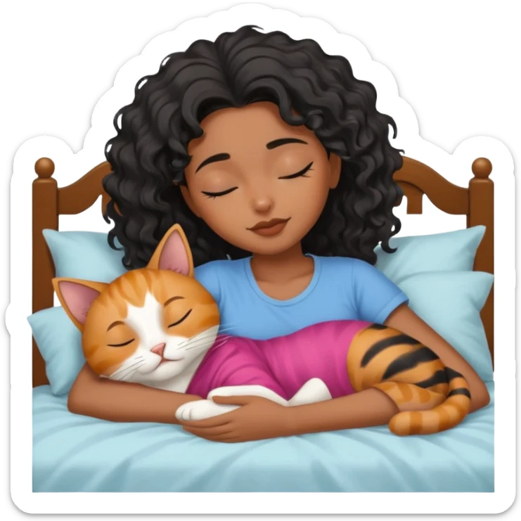 sleeping pretty black wavey hair girl in the bed, her cat is working instead of her sticker
