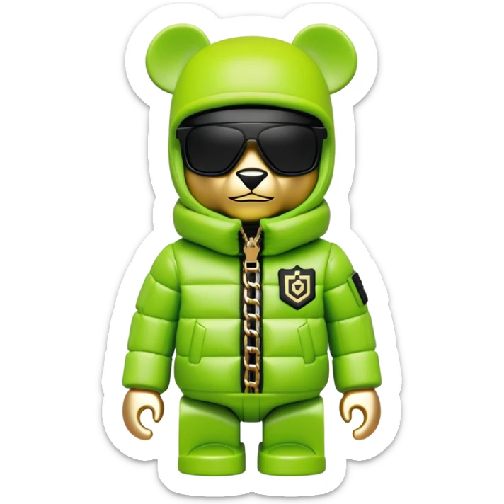 ultra-detailed bearbrick figure with perfect cube head and geometric body, wearing premium lime green balaclava with sleek integrated black visor lens at eyes, luxury oversized designer puffer jacket with prominent logo and lavish fur trim collar, heavy gold chains, streetwear icon sticker